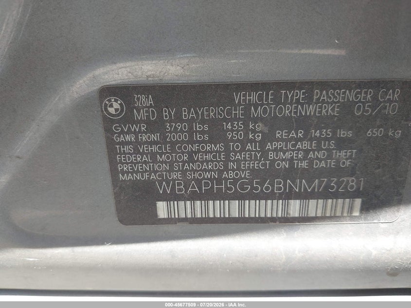 2011 BMW 3 series VIN WBAPH5G56BNM73281 IAAI salvage auction — NORMAL WEAR, Clear - Dealer Only (California), sold $925 on 2026-08-01 (photo 9)