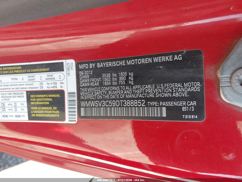 2013 Mini Hard top VIN WMWSV3C59DT388852 IAAI salvage auction — LEFT REAR, Wait Title, sold $1,600 on 2026-08-29 (photo 9)