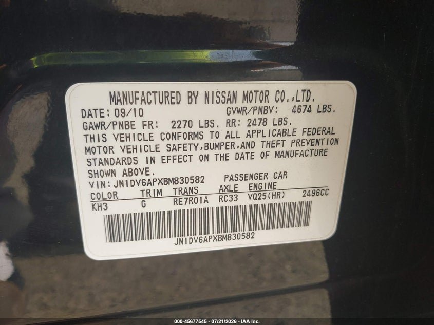 2011 Infiniti G25 VIN JN1DV6APXBM830582 IAAI salvage auction — FRONT END, Bill Of Sale (Washington), sold $1,600 on 2026-08-01 (photo 9)
