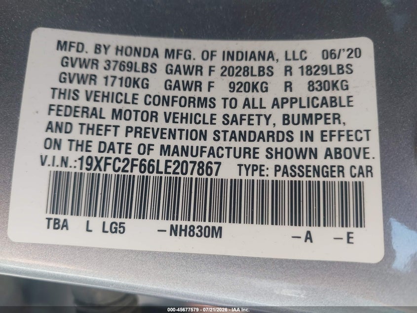 2020 Honda Civic VIN 19XFC2F66LE207867 IAAI salvage auction — LEFT SIDE, Salvage (California), sold $4,675 on 2026-08-03 (photo 9)