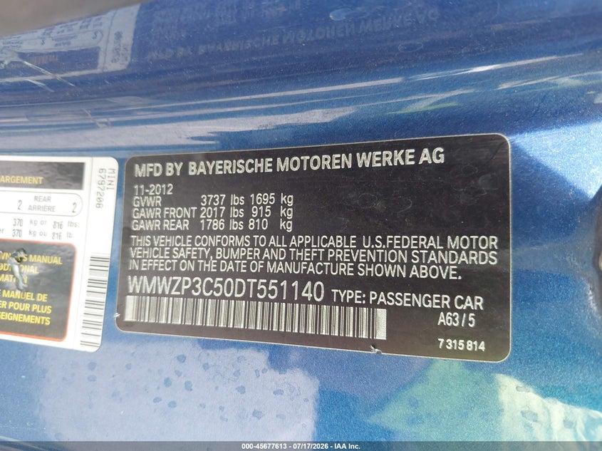 2013 Mini Convertible VIN WMWZP3C50DT551140 IAAI salvage auction — NORMAL WEAR, Clear (Hawaii), sold $100 on 2026-07-28 (photo 9)