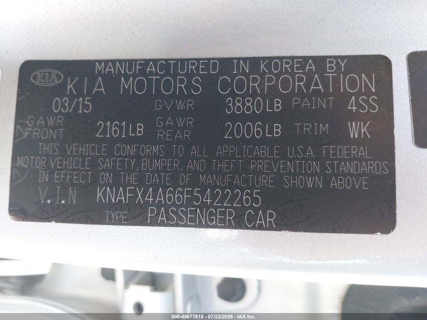 2015 Kia Forte VIN KNAFX4A66F5422265 IAAI salvage auction — LEFT FRONT, Salvage Title, sold $1,350 on 2026-08-01 (photo 9)