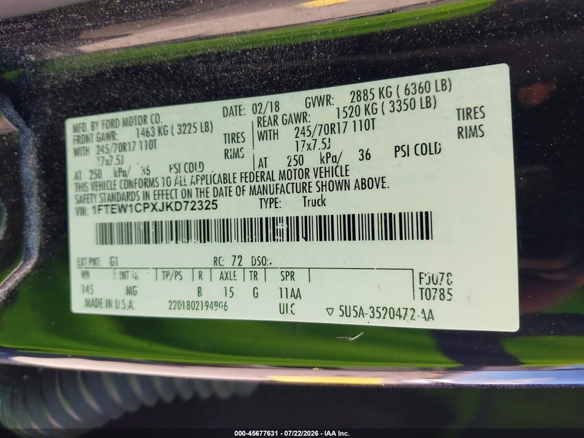 2018 Ford F-150 VIN 1FTEW1CPXJKD72325 IAAI salvage auction — REAR END, Salvage (California), sold $25 on 2026-07-29 (photo 9)