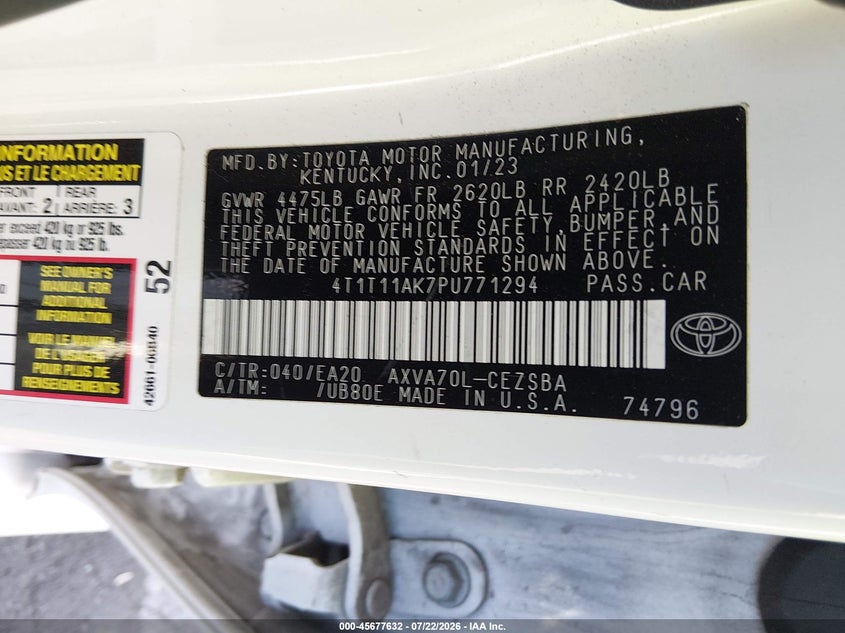 2023 Toyota Camry VIN 4T1T11AK7PU771294 IAAI salvage auction — FRONT END, Salvage Title, sold $9,500 on 2026-08-16 (photo 9)
