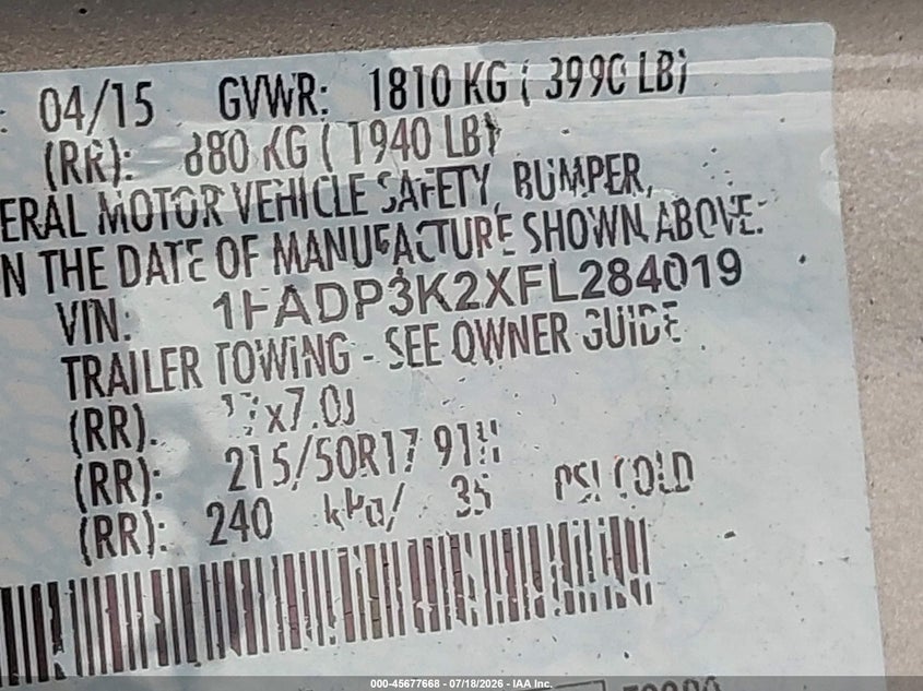 2015 Ford Focus VIN 1FADP3K2XFL284019 IAAI salvage auction — NORMAL WEAR, Clear (New Jersey), sold $900 on 2026-07-26 (photo 9)