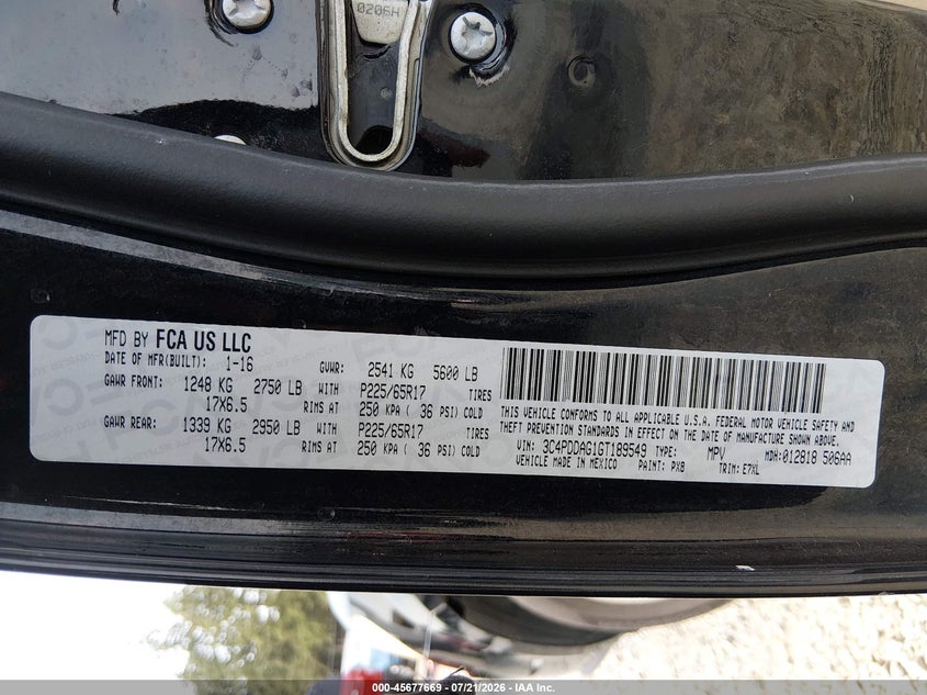 2016 Dodge Journey VIN 3C4PDDAG1GT189549 IAAI salvage auction — REAR END, Wait Title, sold $1,700 on 2026-08-10 (photo 9)