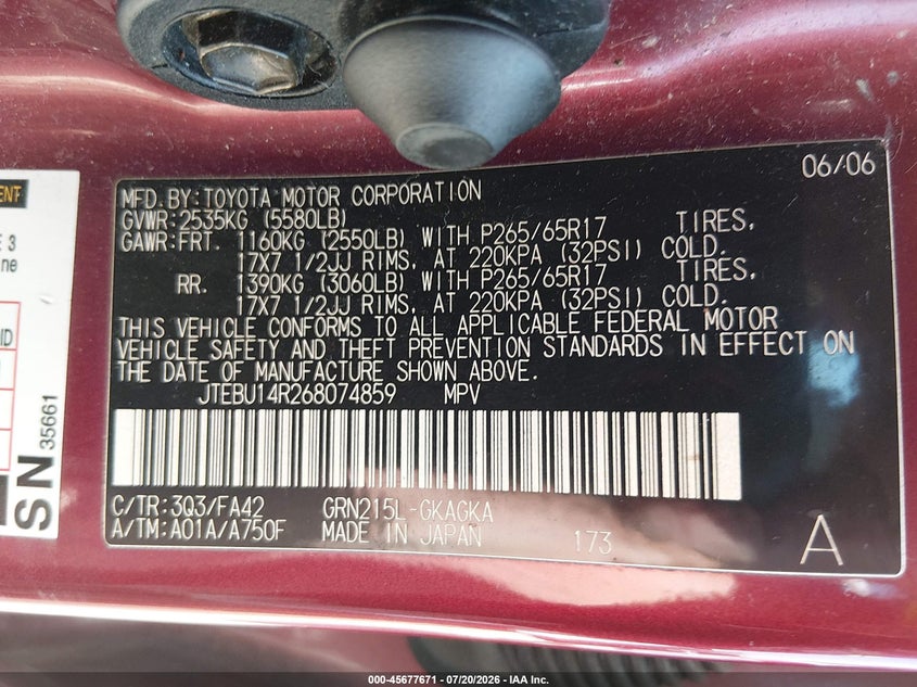 2006 Toyota 4runner VIN JTEBU14R268074859 IAAI salvage auction — NORMAL WEAR, Original (Texas), sold $3,350 on 2026-07-28 (photo 9)