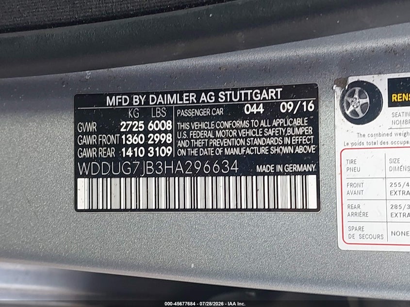 2017 Mercedes-benz VIN WDDUG7JB3HA296634 IAAI salvage auction — RIGHT SIDE, Wait Title, sold $19,000 on 2026-08-12 (photo 9)
