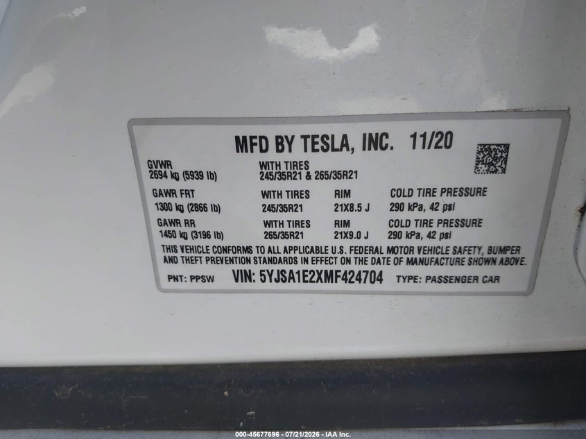 2021 Tesla Model s VIN 5YJSA1E2XMF424704 IAAI salvage auction — FRONT END, Wait Title, sold $20,000 on 2026-09-03 (photo 9)