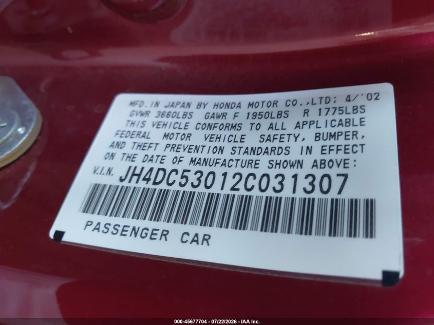 2002 Acura Rsx VIN JH4DC53012C031307 IAAI salvage auction — NORMAL WEAR, Clear - Dealer Only (California), sold $525 on 2026-07-28 (photo 9)