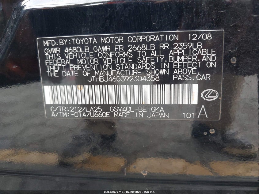 2009 Lexus Es 350 VIN JTHBJ46G392304358 IAAI salvage auction — NORMAL WEAR, Clear - Dealer Only (California), sold $175 on 2026-07-28 (photo 9)