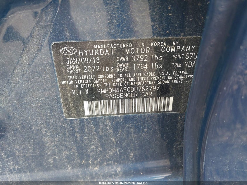 2013 Hyundai Elantra VIN KMHDH4AE0DU762797 IAAI salvage auction — NORMAL WEAR, Clear (Illinois), sold $25 on 2026-07-29 (photo 9)