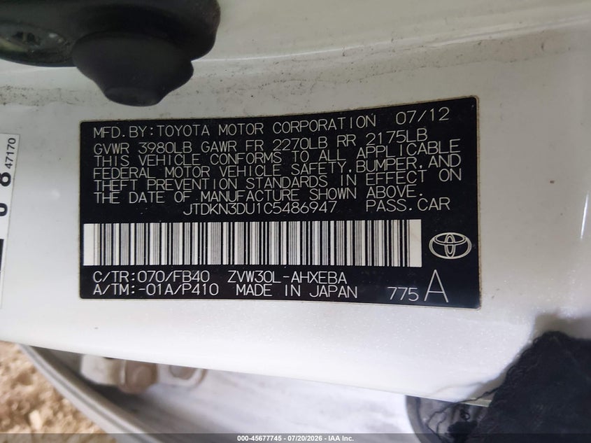 2012 Toyota Prius VIN JTDKN3DU1C5486947 IAAI salvage auction — NORMAL WEAR, Clear-Dealer Only (Arizona), sold $1,350 on 2026-07-28 (photo 9)