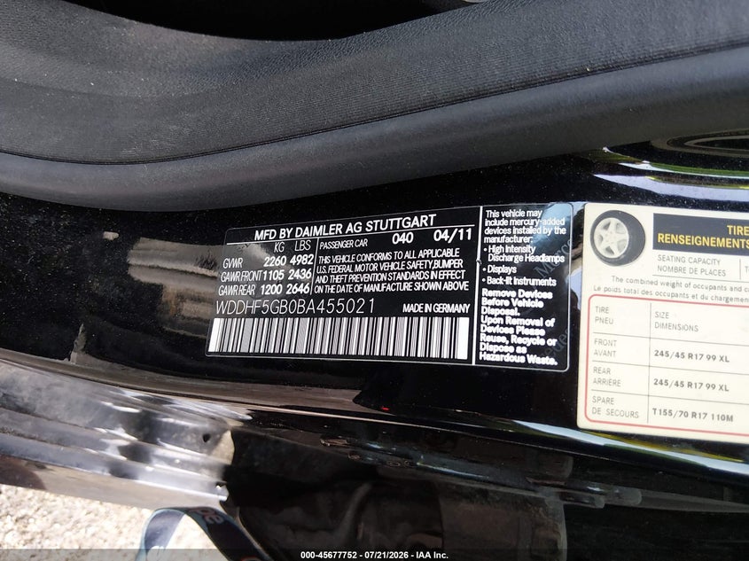 2011 Mercedes-benz E-class VIN WDDHF5GB0BA455021 IAAI salvage auction — RIGHT SIDE, Salvage (Texas), sold $800 on 2026-08-18 (photo 9)