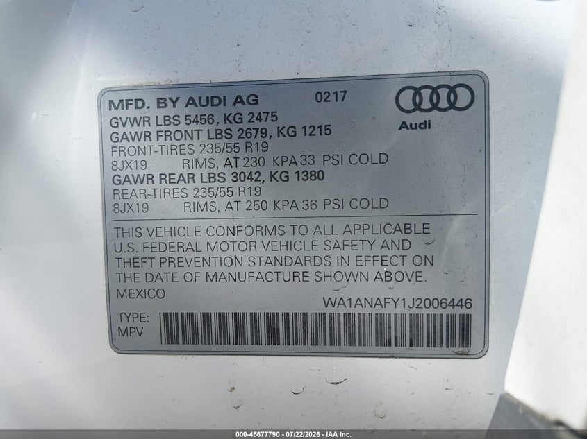 2018 Audi Q5 VIN WA1ANAFY1J2006446 IAAI salvage auction — NORMAL WEAR, Clear - Dealer Only (California), sold $1,050 on 2026-07-29 (photo 9)