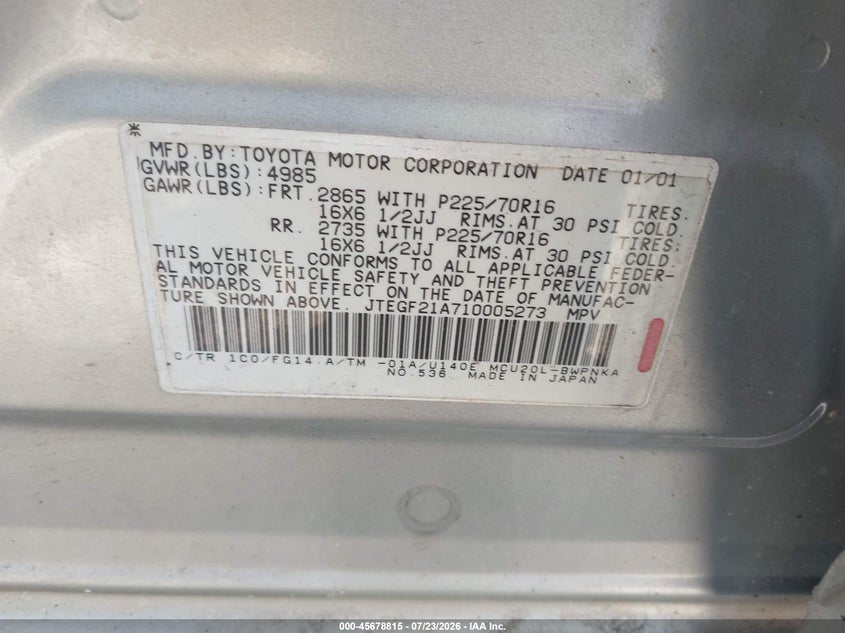 2001 Toyota Highlander VIN JTEGF21A710005273 IAAI salvage auction — NORMAL WEAR, Clear (Florida), sold $775 on 2026-08-01 (photo 9)