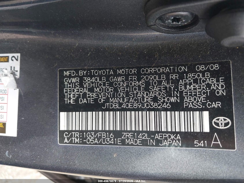 2009 Toyota Corolla VIN JTDBL40E89J038246 IAAI salvage auction — NORMAL WEAR, Clear (Indiana), sold $1,550 on 2026-07-28 (photo 9)