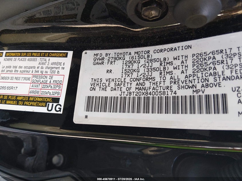 2004 Lexus Gx 470 VIN JTJBT20X840058174 IAAI salvage auction — LEFT REAR, Clear (Minnesota), sold $525 on 2026-07-29 (photo 9)