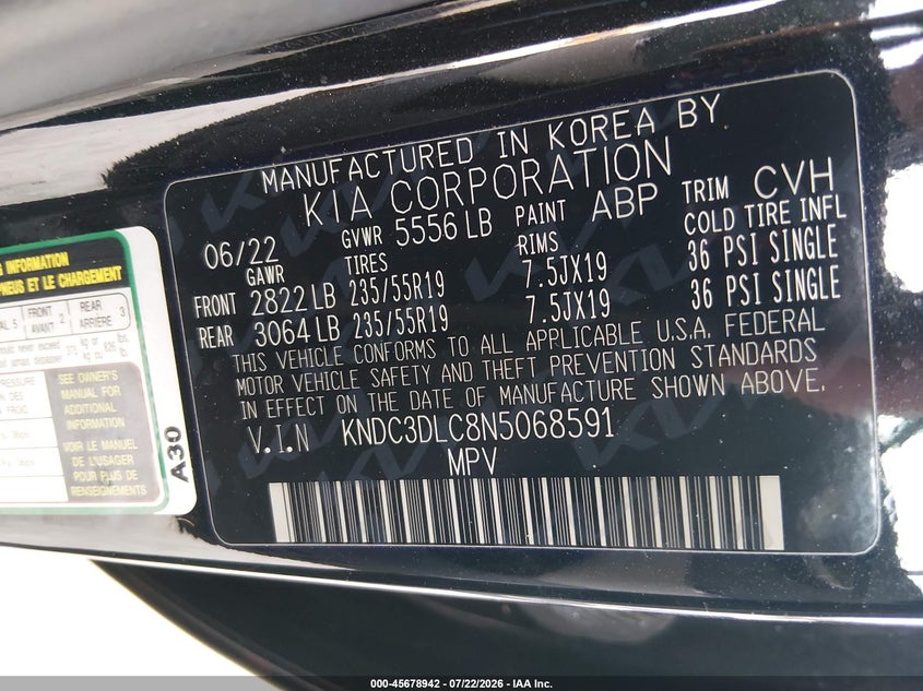 2022 Kia Ev6 VIN KNDC3DLC8N5068591 IAAI salvage auction — SIDE, Salvage (Georgia), sold $5,400 on 2026-08-23 (photo 9)