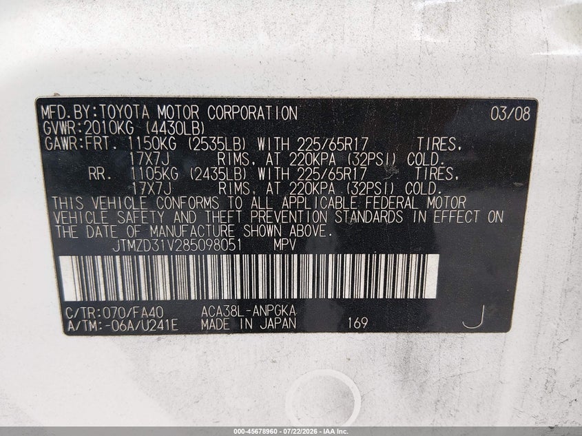 2008 Toyota Rav4 VIN JTMZD31V285098051 IAAI salvage auction — NORMAL WEAR, Clear (Louisiana), sold $825 on 2026-07-29 (photo 9)