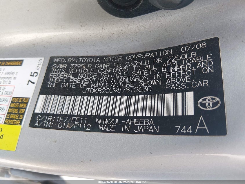 2008 Toyota Prius VIN JTDKB20U987812630 IAAI salvage auction — NORMAL WEAR, Clear (Louisiana), sold $225 on 2026-07-29 (photo 9)
