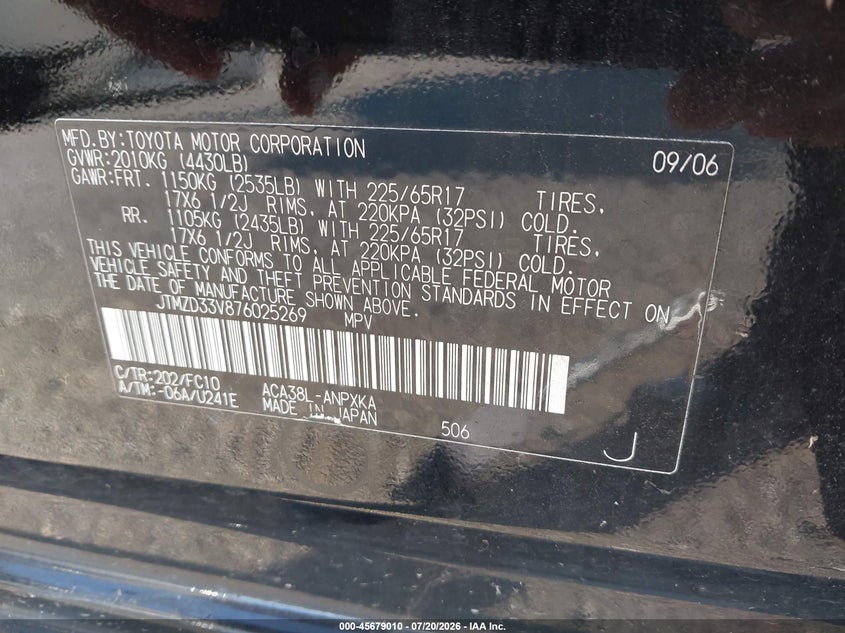2007 Toyota Rav4 VIN JTMZD33V876025269 IAAI salvage auction — NORMAL WEAR, Clear (New Jersey), sold $25 on 2026-07-30 (photo 9)