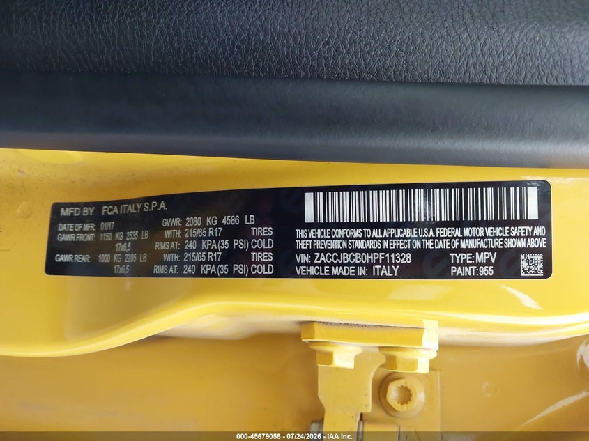 2017 Jeep Renegade VIN ZACCJBCB0HPF11328 IAAI salvage auction — HAIL, Salvage Title, sold $1,850 on 2026-08-20 (photo 9)