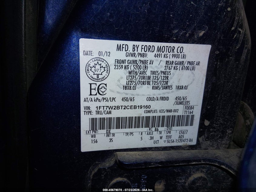 2012 Ford F250 VIN 1FT7W2BT2CEB19160 IAAI salvage auction — RIGHT FRONT, Salvage Title, sold $7,200 on 2026-09-24 (photo 9)