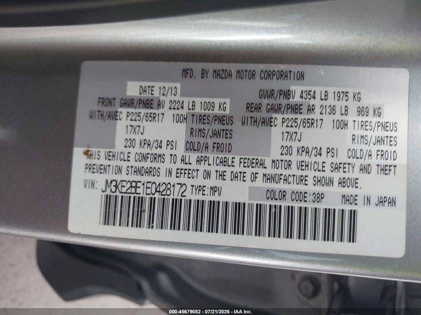 2014 Mazda Cx-5 VIN JM3KE2BE1E0428172 IAAI salvage auction — RIGHT FRONT, Salvage (Arizona), sold $2,150 on 2026-08-01 (photo 9)