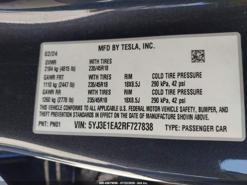 2024 Tesla Model 3 VIN 5YJ3E1EA2RF727838 IAAI salvage auction — NORMAL WEAR, Clear (California), sold $1,150 on 2026-07-29 (photo 9)