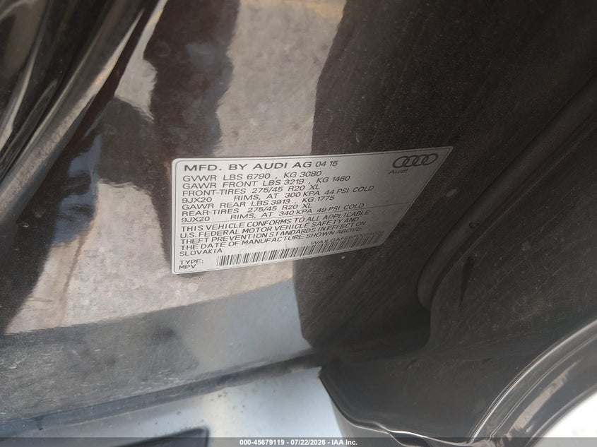 2015 Audi Q7 VIN WA1LGAFE6FD025028 IAAI salvage auction — NORMAL WEAR, Clear (Colorado), sold $50 on 2026-07-28 (photo 9)