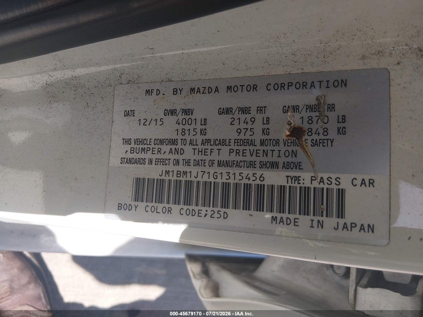 2016 Mazda 3 VIN JM1BM1J71G1315456 IAAI salvage auction — NORMAL WEAR, Original (Texas), sold $975 on 2026-07-24 (photo 9)