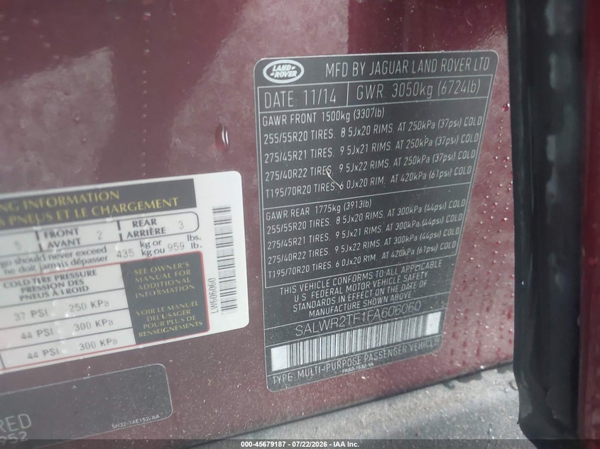 2015 Land rover Range rover sport VIN SALWR2TF1FA606060 IAAI salvage auction — NORMAL WEAR, Clear (Alabama), sold $25 on 2026-07-30 (photo 9)
