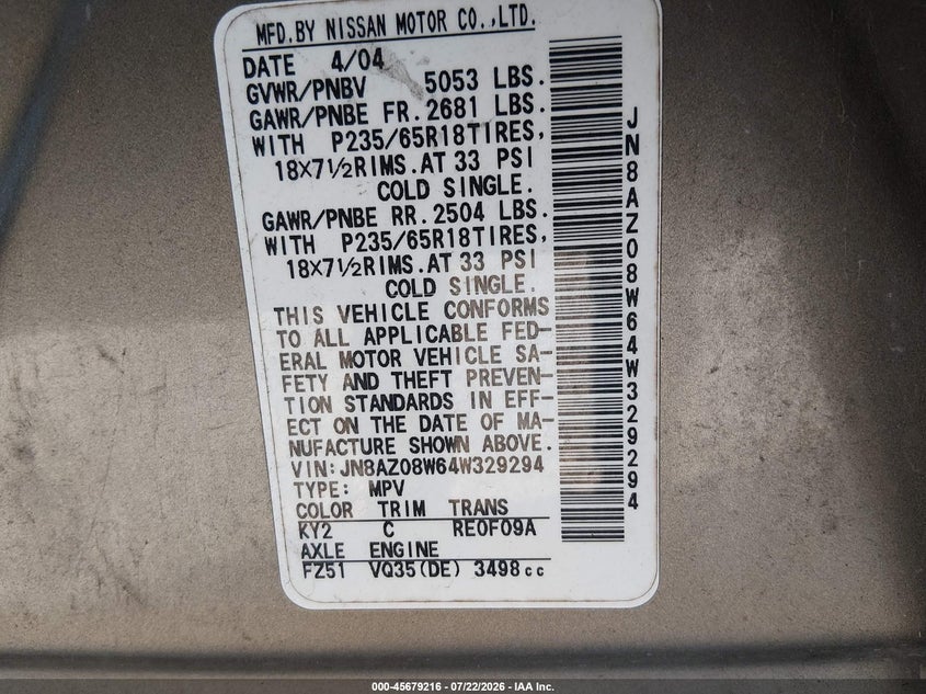 2004 Nissan Murano VIN JN8AZ08W64W329294 IAAI salvage auction — NORMAL WEAR, Clear (Arkansas), sold $25 on 2026-07-30 (photo 9)