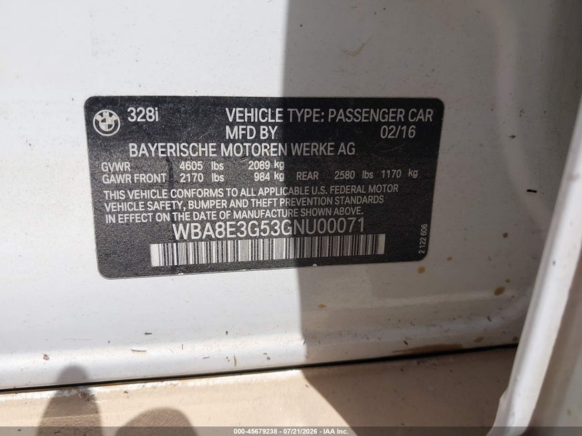 2016 BMW 3er VIN WBA8E3G53GNU00071 IAAI salvage auction — WATER/FLOOD, Salvage Title, sold $1,750 on 2026-08-16 (photo 9)