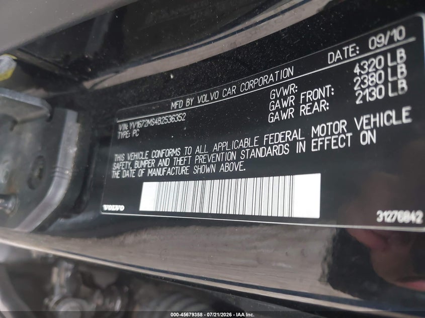 2011 Volvo S40 VIN YV1672MS4B2536352 IAAI salvage auction — RIGHT SIDE, Salvage (Idaho), sold $200 on 2026-08-10 (photo 9)