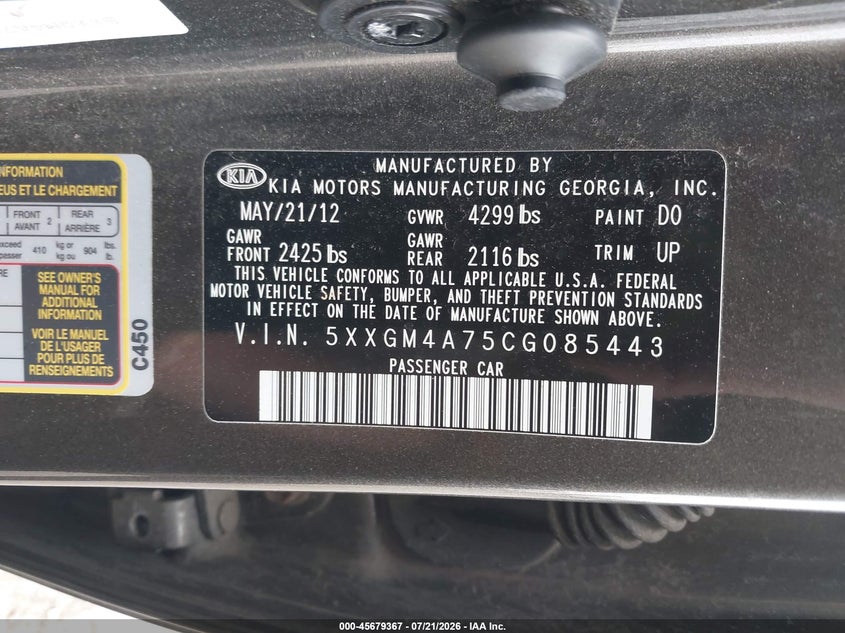 2012 Kia Optima VIN 5XXGM4A75CG085443 IAAI salvage auction — FRONT END, Clear (Massachusetts), sold $125 on 2026-07-28 (photo 9)