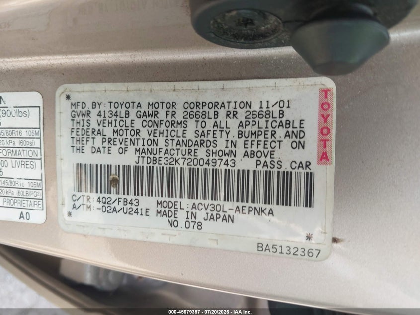 2002 Toyota Camry VIN JTDBE32K720049743 IAAI salvage auction — NORMAL WEAR, Clear (Virginia), sold $25 on 2026-07-28 (photo 9)