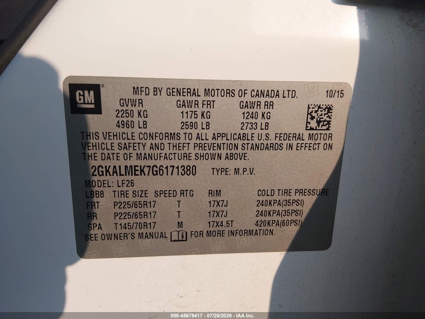 2016 Gmc Terrain VIN 2GKALMEK7G6171380 IAAI salvage auction — NORMAL WEAR, Clear (Montana), sold $300 on 2026-08-26 (photo 9)