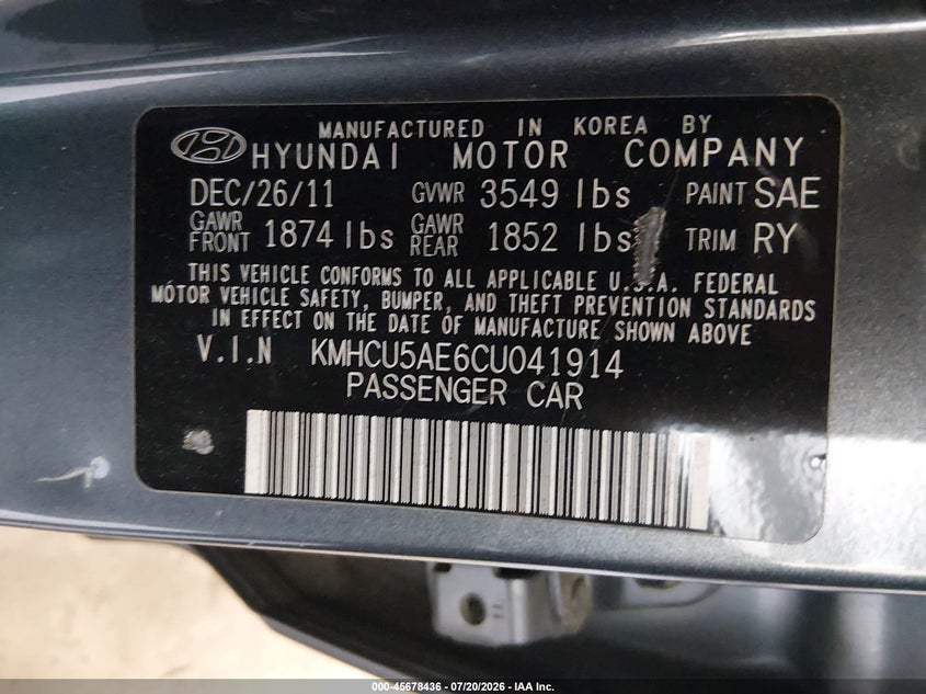 2012 Hyundai Accent VIN KMHCU5AE6CU041914 IAAI salvage auction — NORMAL WEAR, Clear (Tennessee), sold $25 on 2026-07-29 (photo 9)