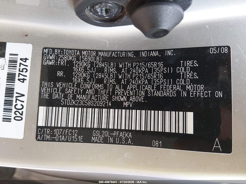 2008 Toyota Sienna VIN 5TDZK23C58S209214 IAAI salvage auction — NORMAL WEAR, Clear (Indiana), sold $725 on 2026-07-22 (photo 9)