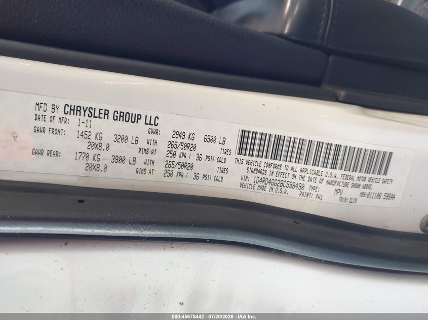 2011 Dodge Durango VIN 1D4RD4GG2BC598490 IAAI salvage auction — BIO HAZARD, Clear (Georgia), sold $275 on 2026-07-31 (photo 9)