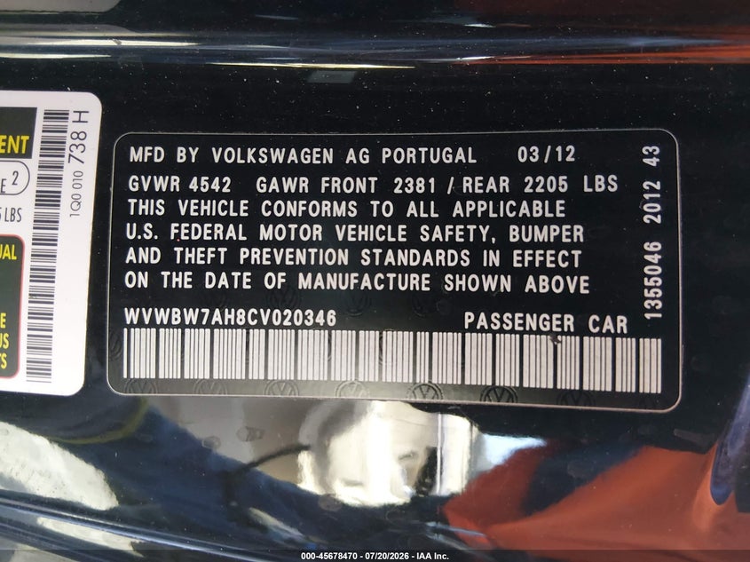 2012 Volkswagen Eos VIN WVWBW7AH8CV020346 IAAI salvage auction — NORMAL WEAR, Clear (Nevada), sold $125 on 2026-08-14 (photo 9)