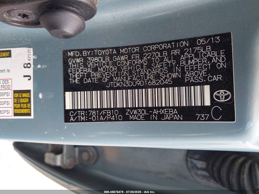 2013 Toyota Prius VIN JTDKN3DU9D1682045 IAAI salvage auction — NORMAL WEAR, Clear - Dealer Only (California), sold $1,750 on 2026-07-30 (photo 9)