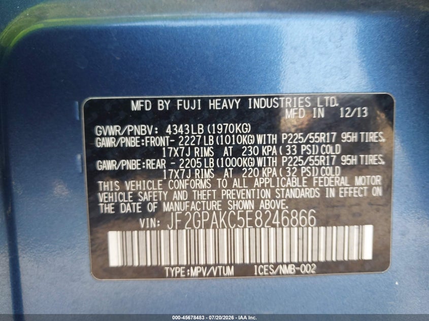 2014 Subaru Xv crosstrek VIN JF2GPAKC5E8246866 IAAI salvage auction — NORMAL WEAR, Clear (Connecticut), sold $400 on 2026-07-29 (photo 9)