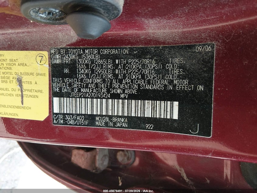 2007 Toyota Highlander VIN JTEEP21A270193424 IAAI salvage auction — NORMAL WEAR, Clear (Indiana), sold $700 on 2026-07-29 (photo 9)