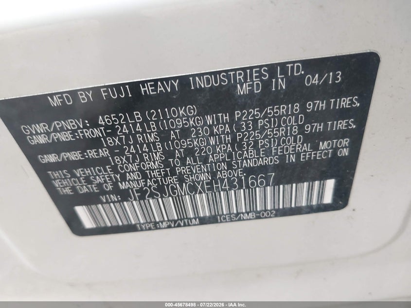 2014 Subaru Forester VIN JF2SJGMCXEH431667 IAAI salvage auction — NORMAL WEAR, Clear (Indiana), sold $525 on 2026-07-29 (photo 9)