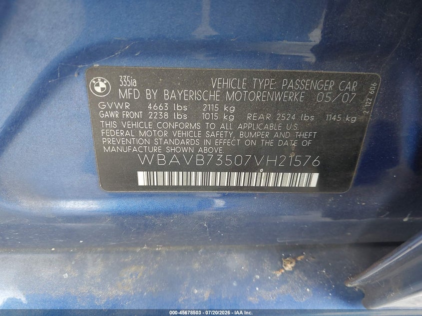2007 BMW 3 series VIN WBAVB73507VH21576 IAAI salvage auction — NORMAL WEAR, Clear - Dealer Only (California), sold $425 on 2026-07-30 (photo 9)