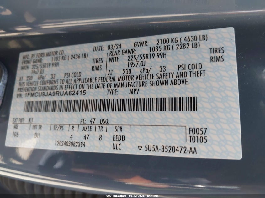 2024 Ford Escape VIN 1FMCU9JA9RUA62415 IAAI salvage auction — FRONT END, Wait Title, sold $7,100 on 2026-08-01 (photo 9)