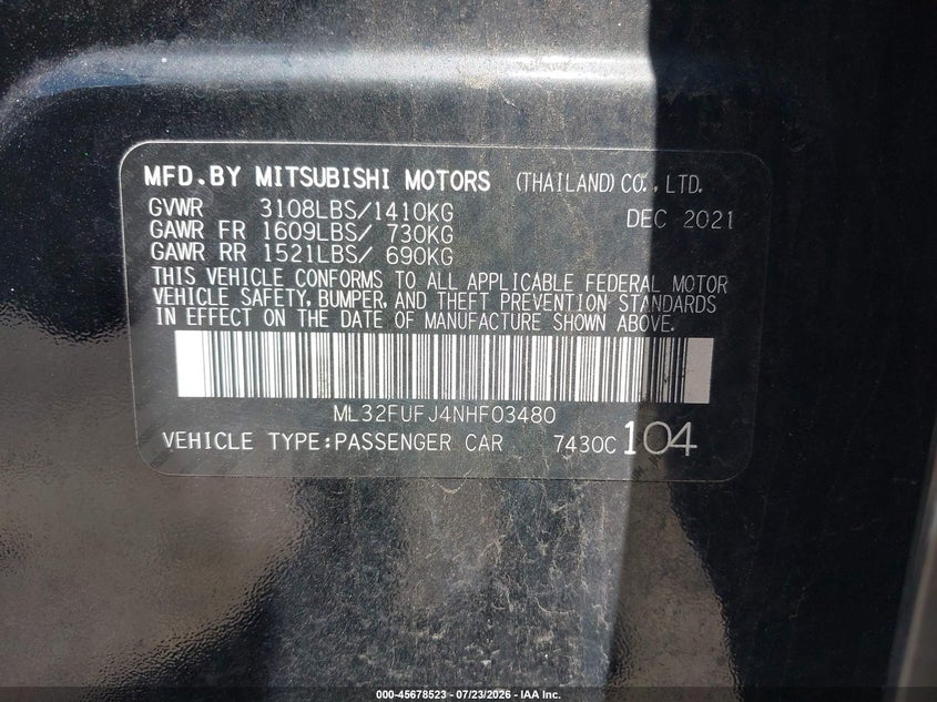 2022 Mitsubishi Mirage VIN ML32FUFJ4NHF03480 IAAI salvage auction — NORMAL WEAR, Clear (New Jersey), sold $1,050 on 2026-07-28 (photo 9)